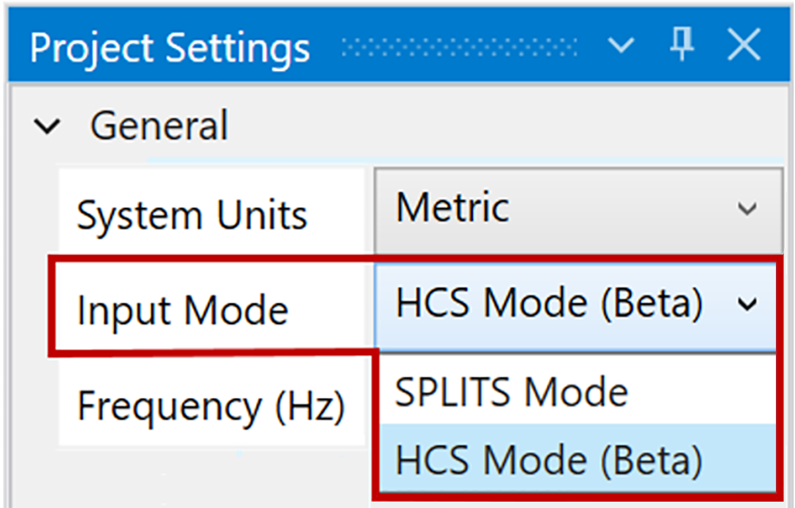 ROWCAD Project Settings dialog showing HCS Mode (Beta) input mode option